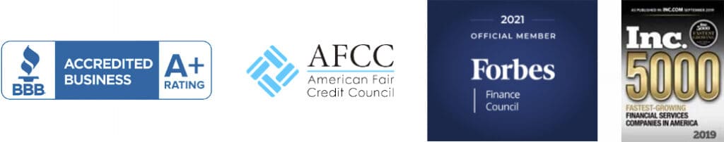Mobile Footer Logos: BBB Accredited Business, AFCC Logo - American Fair Credit Council - Accredited Member of Rescue One Financial, Recognized Member of Forbes Finance Council, and Inc 5000 Logo - Recognized as one of the Fastest Growing Financial Services Companies in America 2019